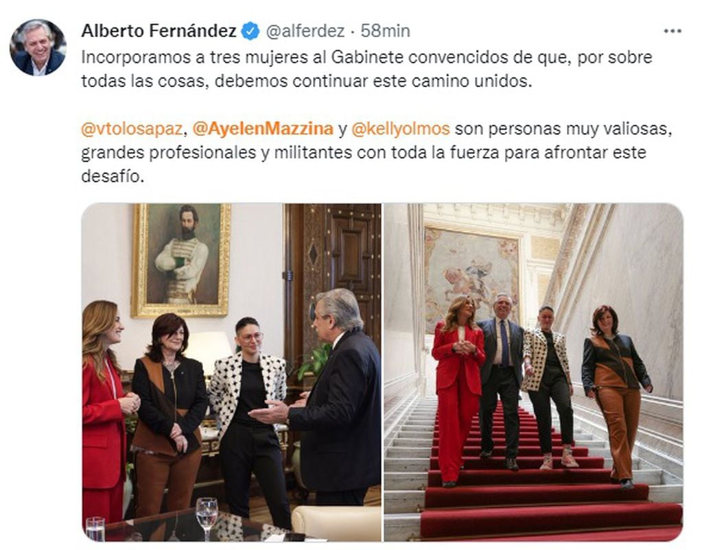 El presidente Alberto Fernández junto a las tres ministras, Tolosa Paz (Desarrollo Social), "Kelly" Olmos (Trabajo) y Ayelén Mazzina (Mujeres, Géneros y Diversidad).
