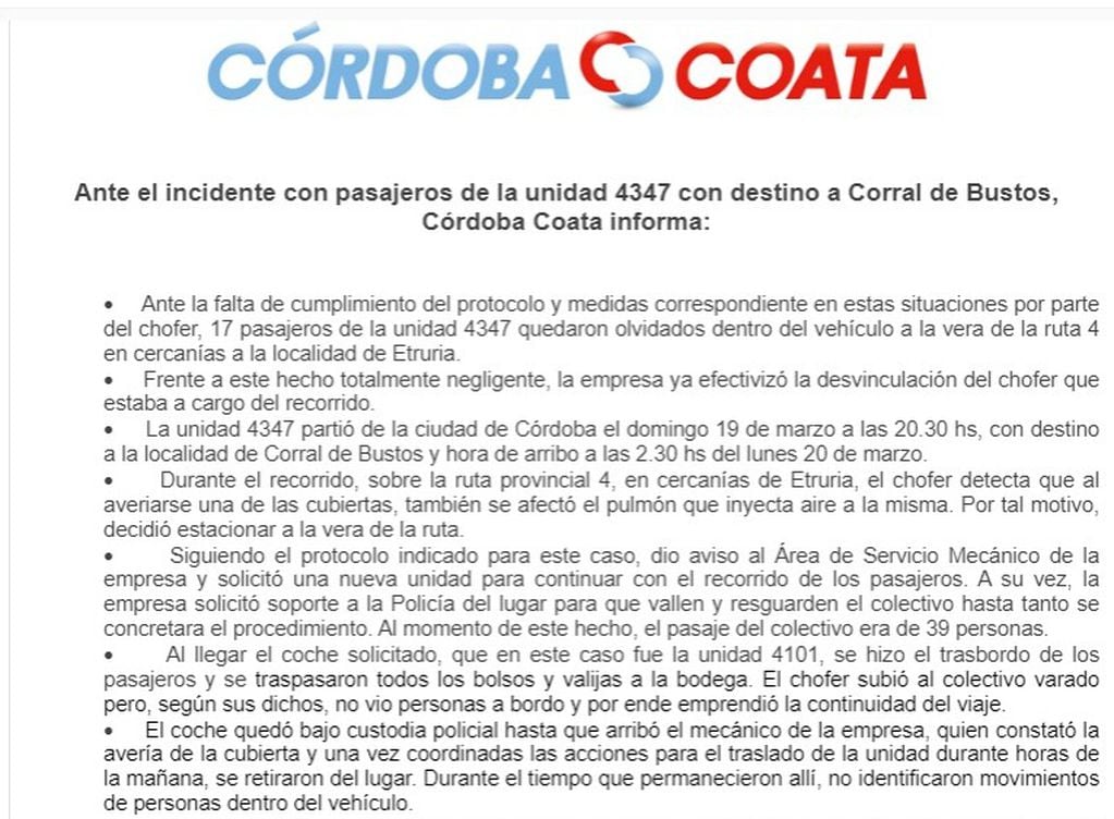 El comunicado de Córdoba Coata.