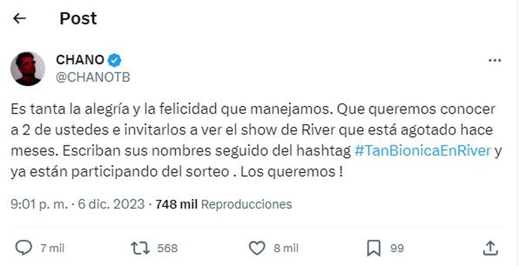 Tan Biónica sortea 2 entradas para su show en River