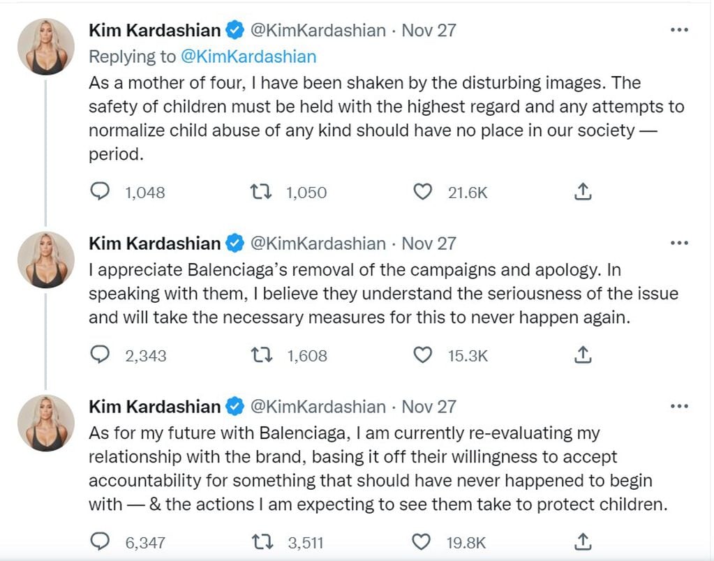 Kim Kardashian opinó vía Twitter sobre la polémica de Balenciaga.