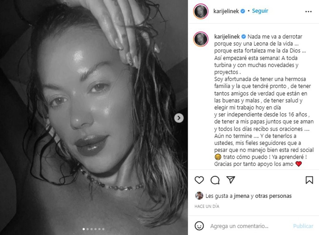 Karina Jelinek se desnudó en Instagram y reflexionó sobre un mal momento que está viviendo