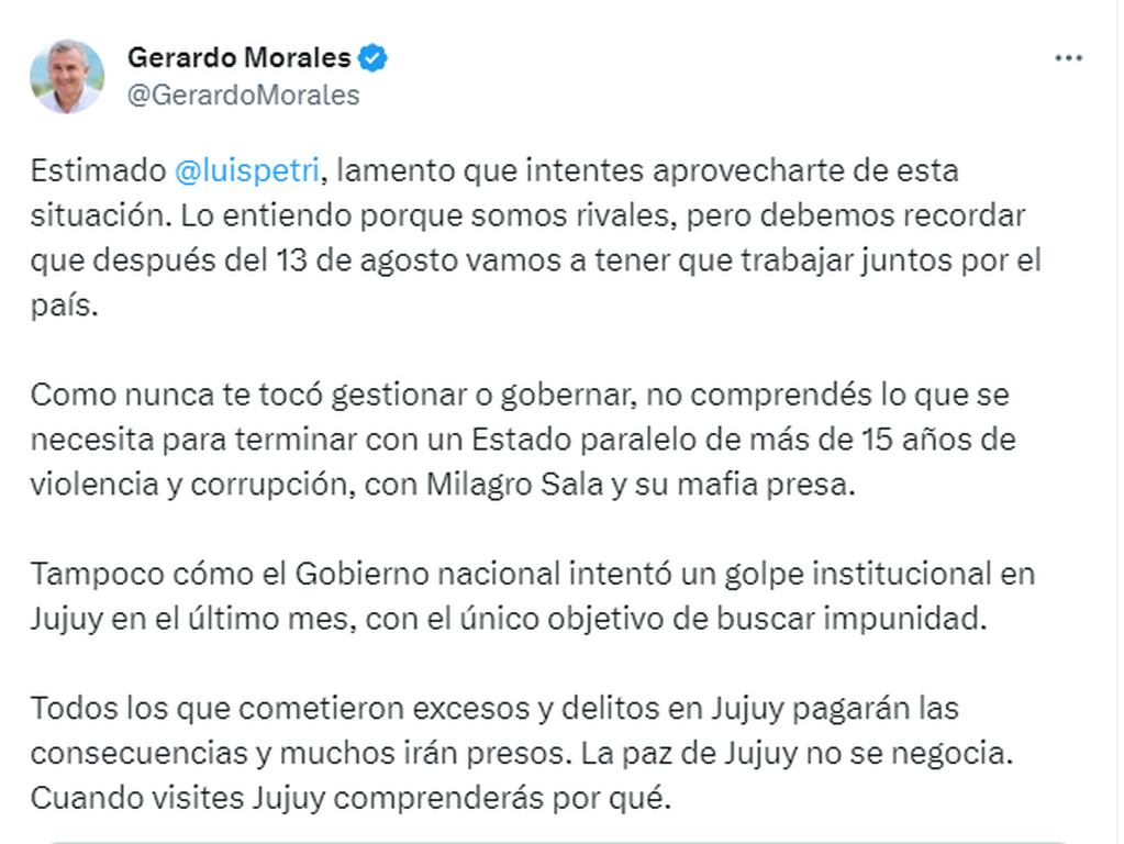 Gerardo Morales, compañero de fórmula de Horacio Rodríguez Larreta, le contestó a Luis Petri.