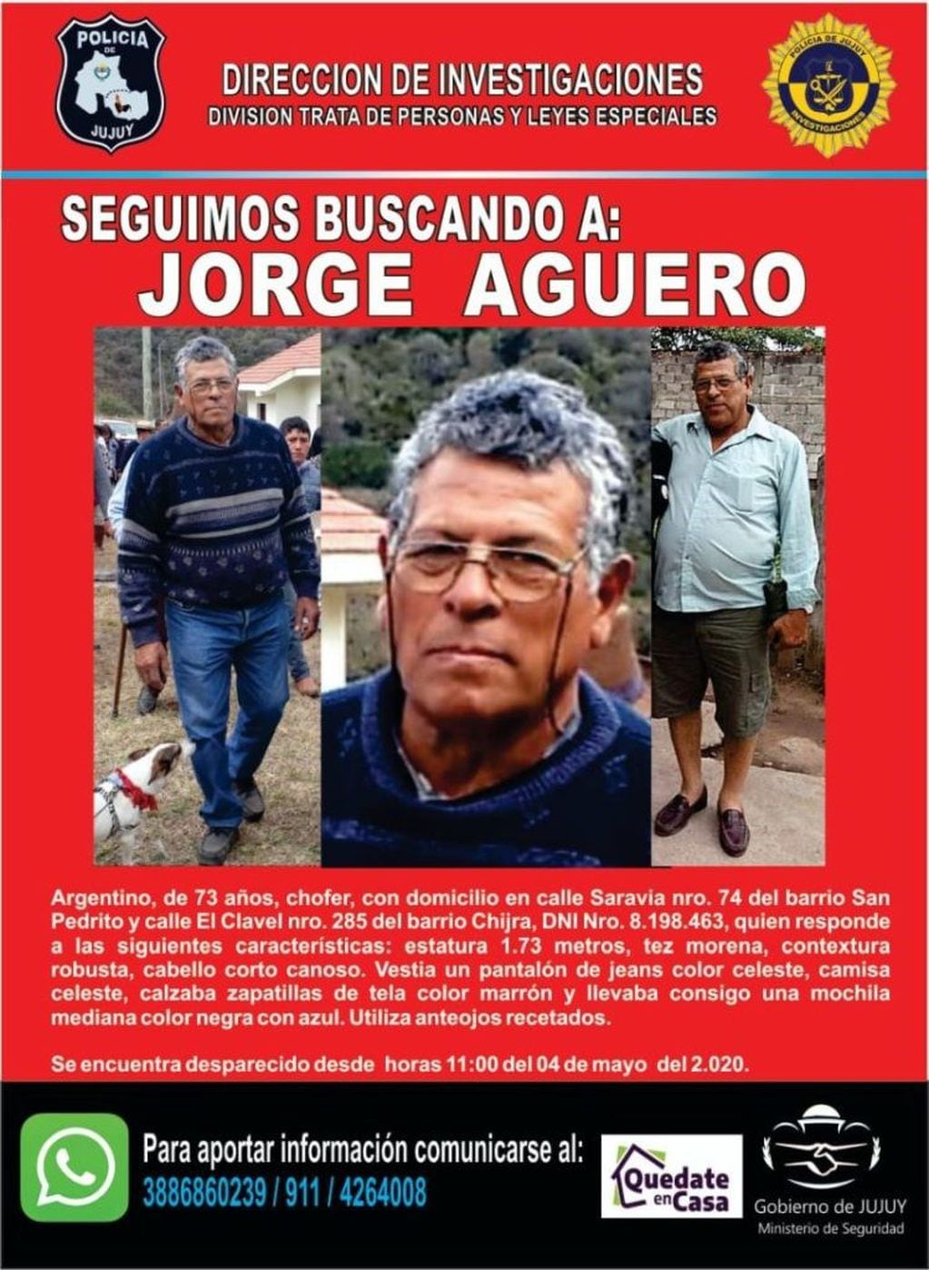 La Policía de Jujuy emitió un alerta de búsqueda de Jorge Agüero, quien está desparecido desde hace 23 días.