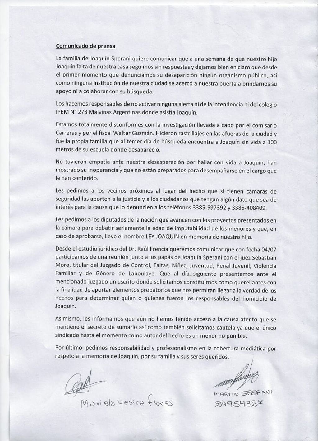 El comunicado de prensa publicado por la familia de Joaquín.