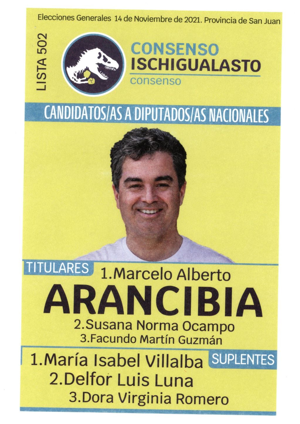 En la boleta de Consenso Ischigualasto aparece la foto de Marcelo Arancibia