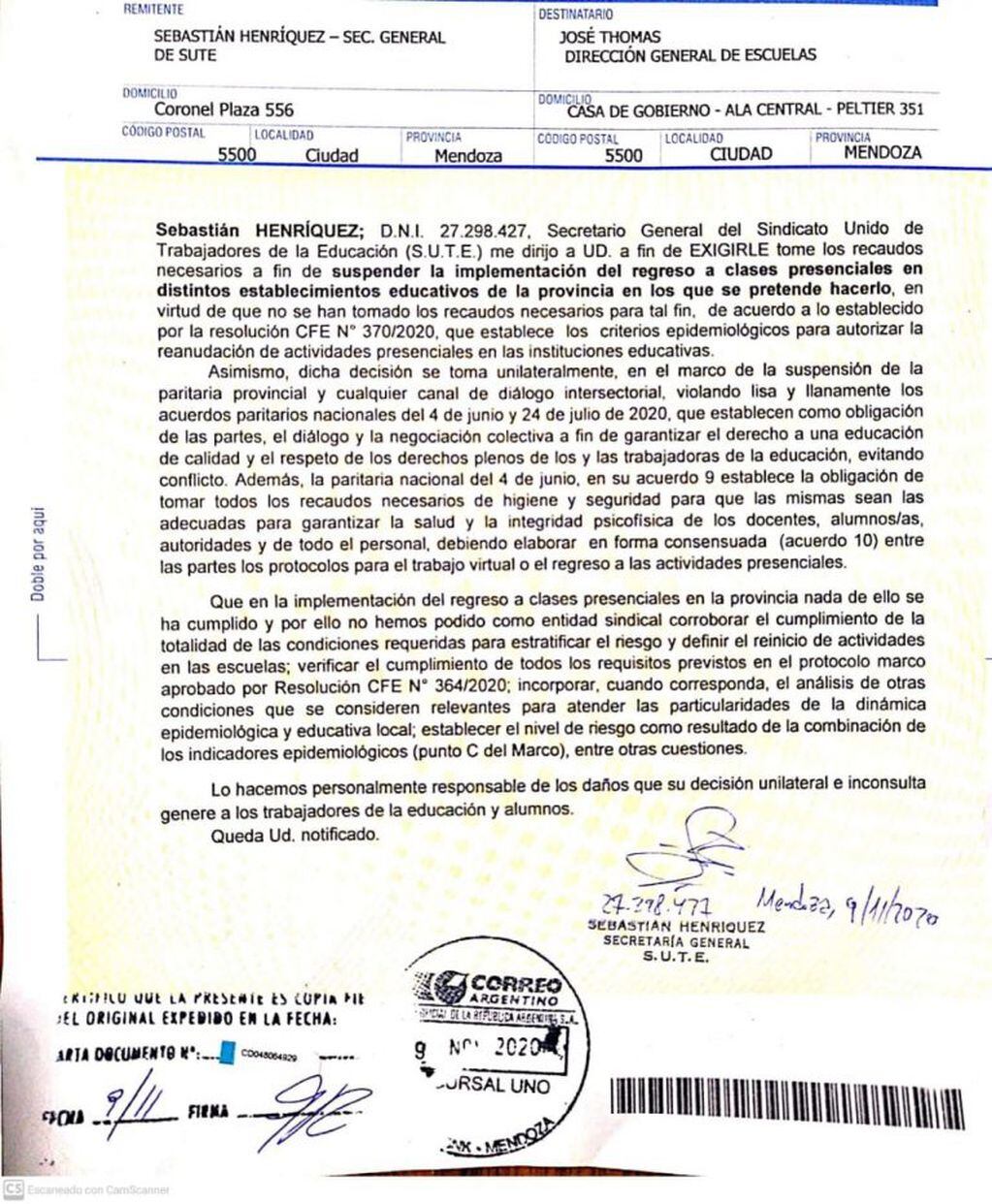 Carta documento del SUTE al Gobierno de Mendoza.