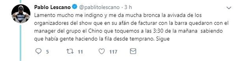 Pablo Lescano mostró su furia en Twitter