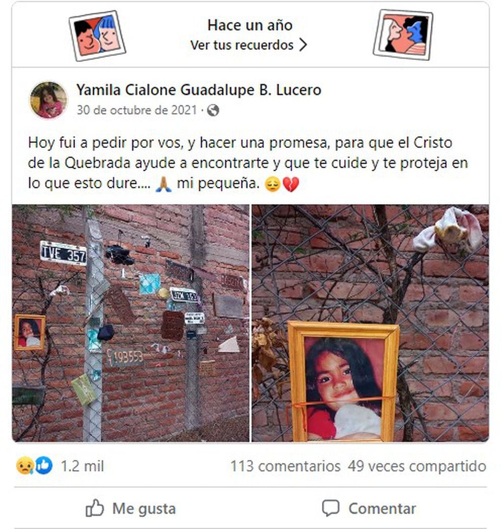 Recuerdo de Facebook de Yamila Cialone, la mamá de Guadalupe Lucero