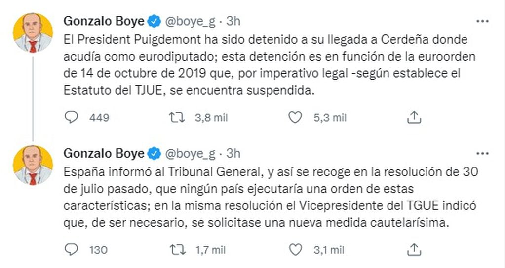 Los tuits del abogado de Puigdemont.