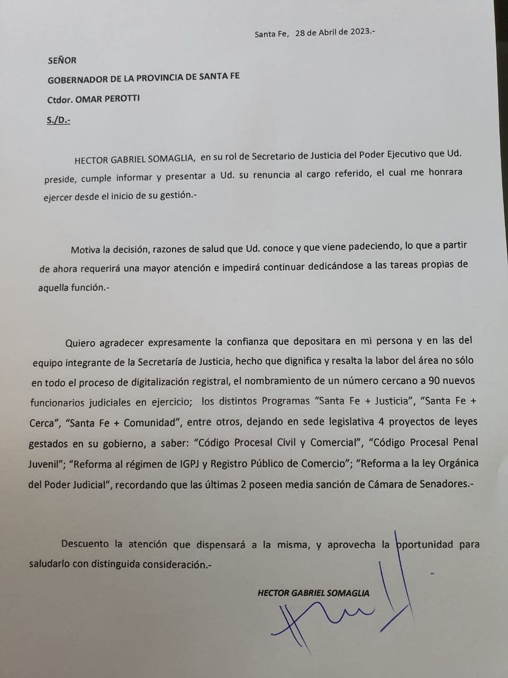 La carta de renuncia de Gabriel Somaglia, secretario de Justicia de Santa Fe.