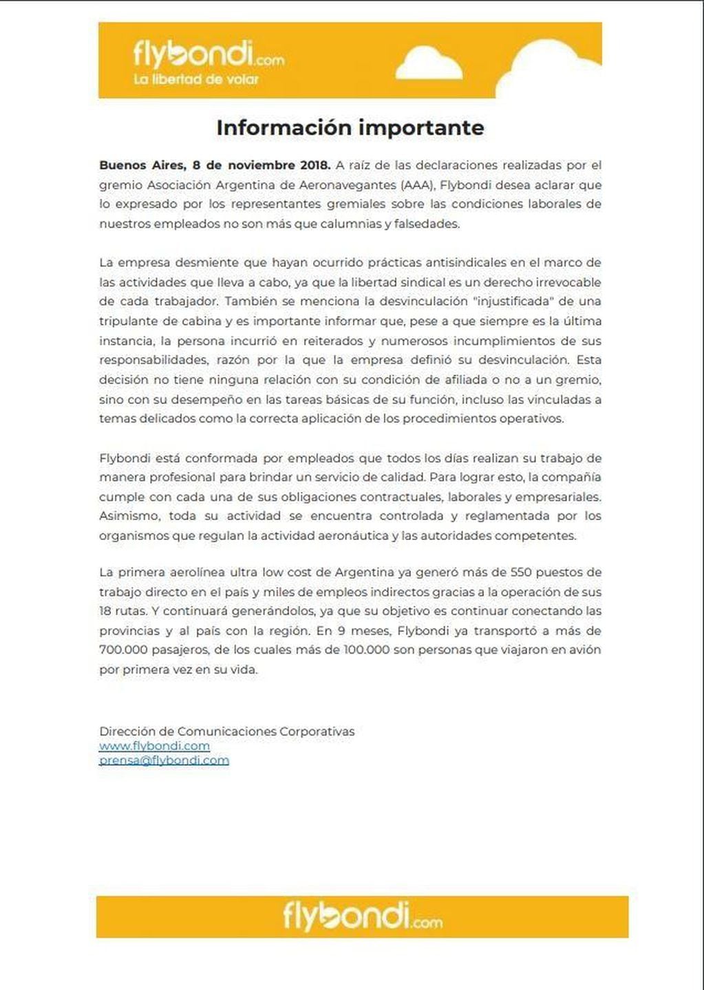 Comunicado de FlyBondi durante la protesta de empleados de Aerolíneas Argentinas y Austral.