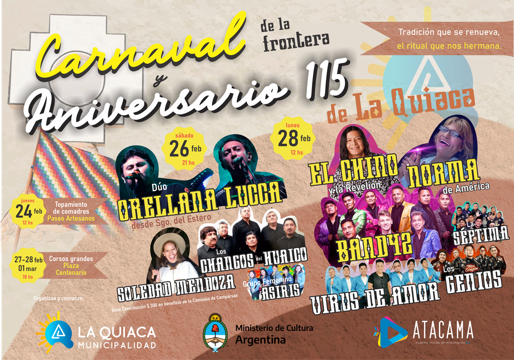La cartelera artística anunciada para los carnavales quiaqueños, marco en el que además se celebrará los 115 años de la fundación de la ciudad.
