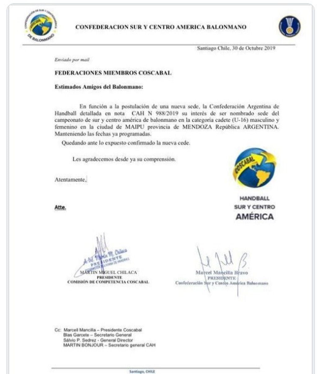 El comunicado de la Confederación Sur y Centro América de Balonmano (CoSCaBal).