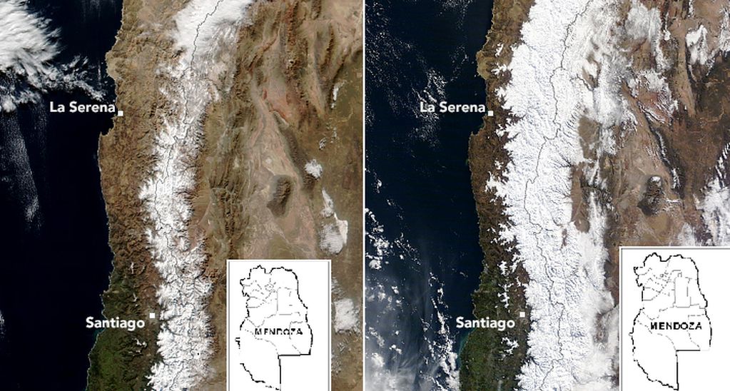 La NASA publicó las fotografías del sector cordillerano donde muestra la acumulación de nieve. A la imagen se le insertó el mapa de Mendoza como referencia.