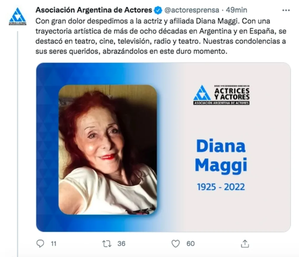 El comunicado sobre el fallecimiento de la actriz Diana Maggi.