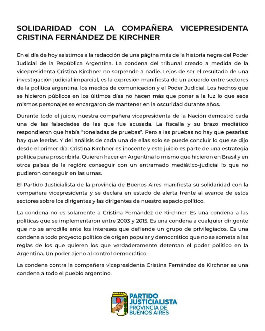 Comunicado del PJ Bonaerense por la condena a Cristina Kirchner