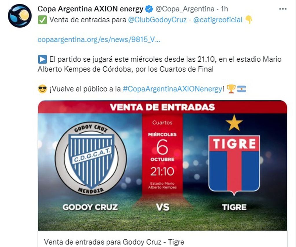 Venta de entradas Godoy Cruz vs. Tigre.
