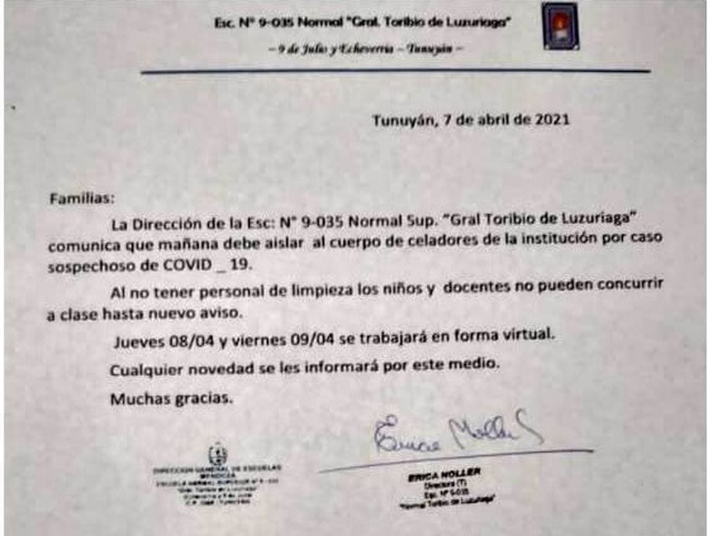 Comunicado de la Escuela 9-035 Normal Superior Gral Toribio de Luzuriaga.