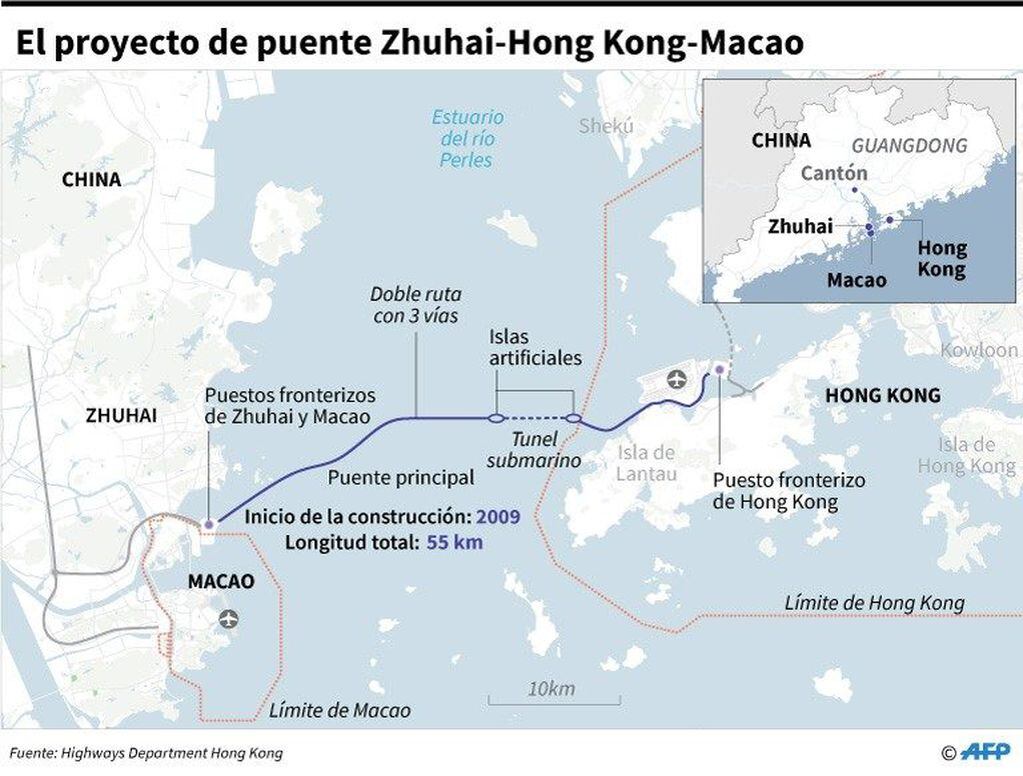 Mapa detallado con el proyecto de puente Zhuhai-Hong Kong-Macao. Crédito: AFP / AFP.