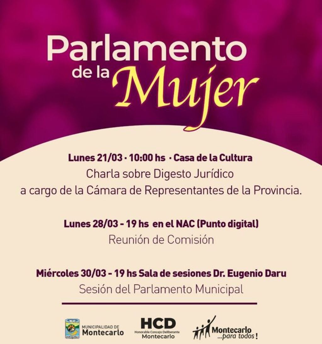 A partir de la semana próxima se realizará el Parlamento de la Mujer en Montecarlo.