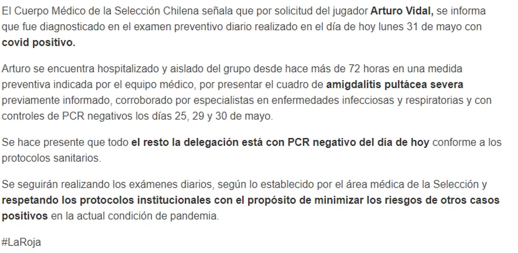 La selección chilena confirmó el positivo de coronavirus de Arturo Vidal.