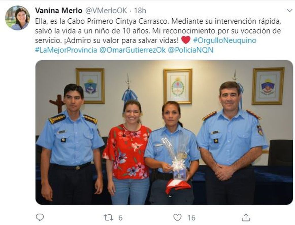 Vanina Merlo expresó su agradecimiento a través de Twitter (web).