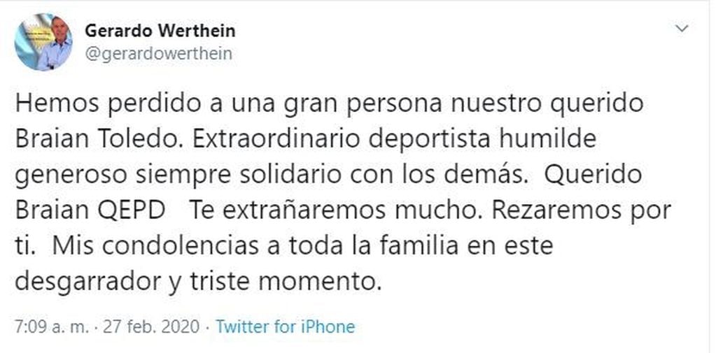 Gerardo Werthein, presidente del Comité Olímpico Argentino (COA), confirmó la muerte de Braian Toledo mediante su cuenta de Twitter.