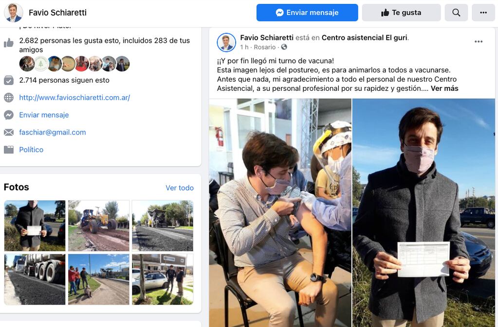 Dos Concejales de Pérez recibieron la vacuna contra el coronavirus (Facebook)