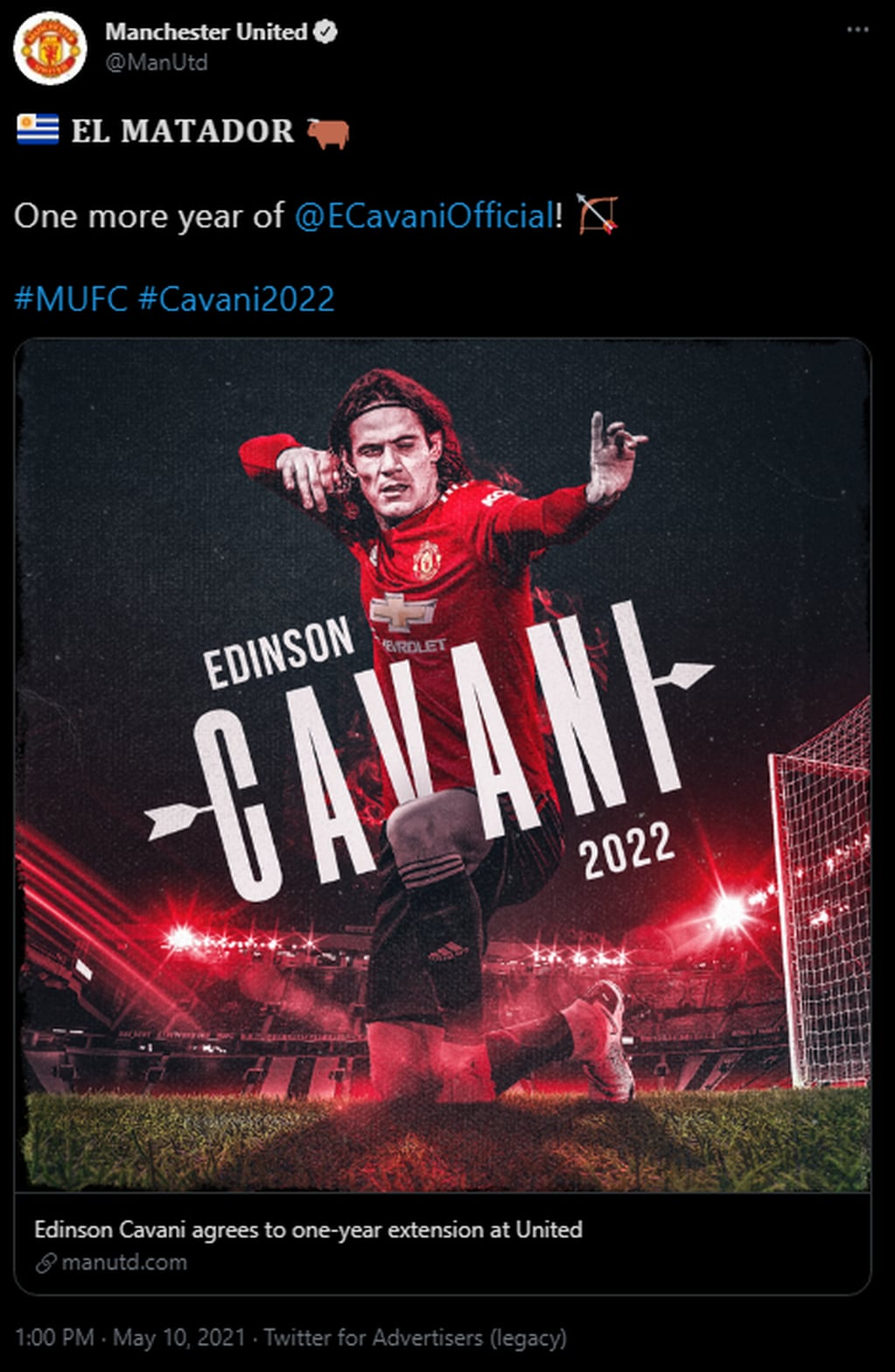 Manchester United oficializó la renovación de Edinson Cavani hasta 2022.