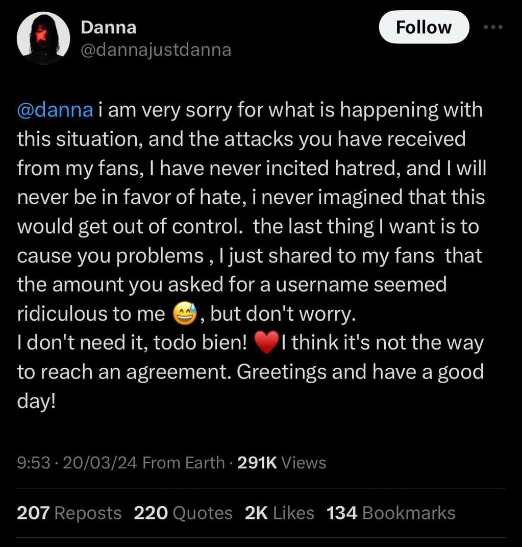 Las disculpas de Danna Paola para la mujer que no le quiso vender su usuario de Twitter