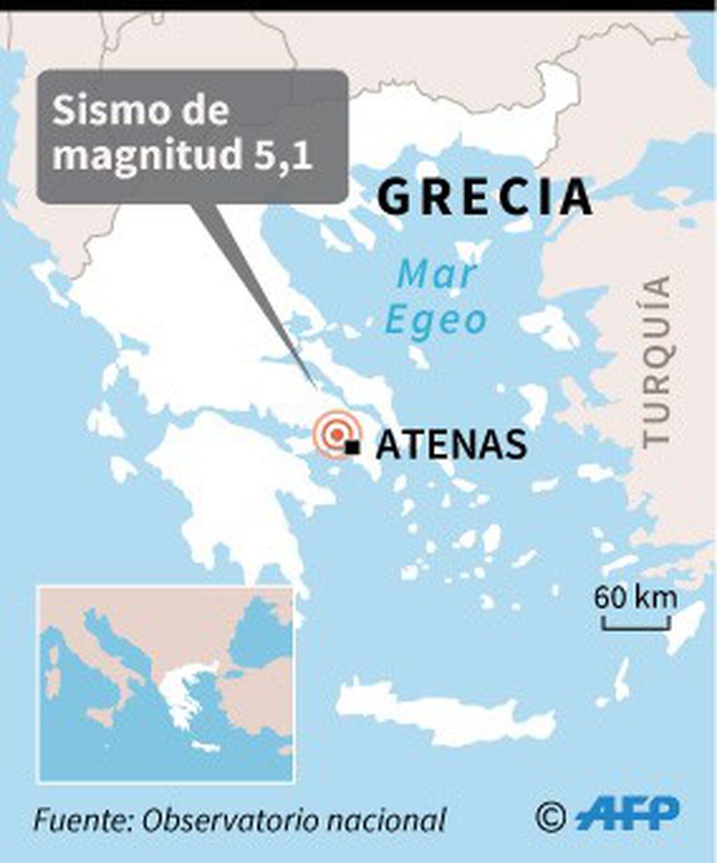 Localización del sismo de magnitud 5,1 registrado el viernes a unos 20 km al noroeste de Atenas. Foto: AFP