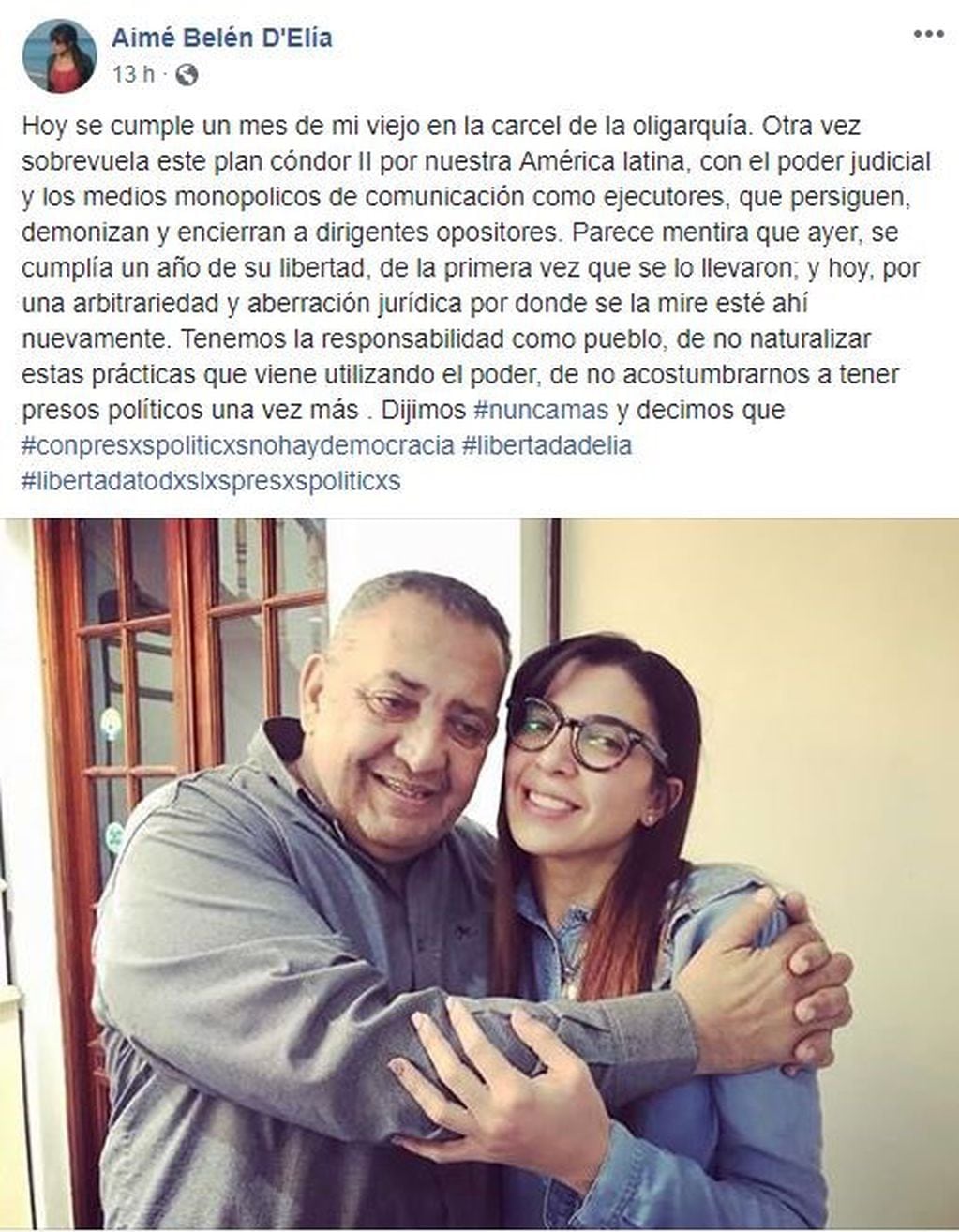 La carta de Belén Aimé D'Elía a un mes de la encarcelación de su papá (Facebook)
