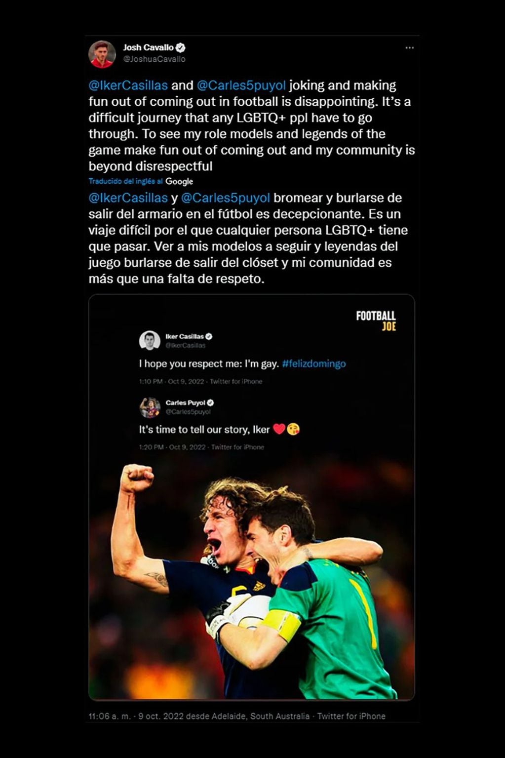 El repudio de Josh Cavallo a los tuits de Casillas y Puyol.