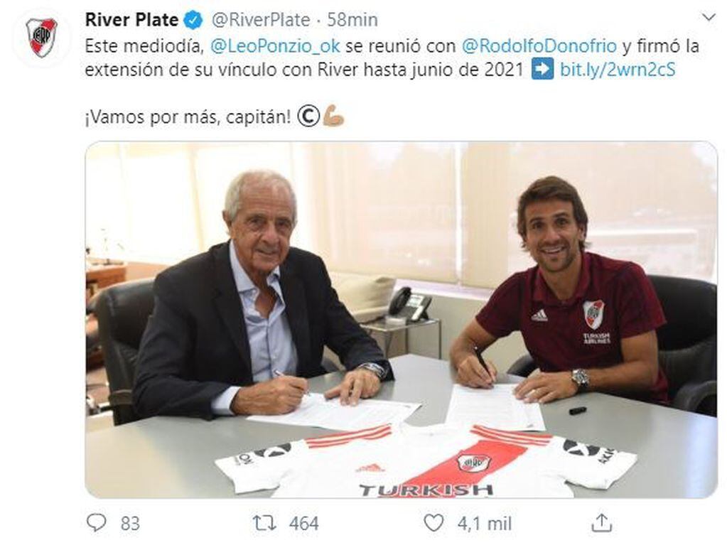 Leonardo Ponzio renovó su contrato con River por un año más. (Twitter/@RiverPlate)