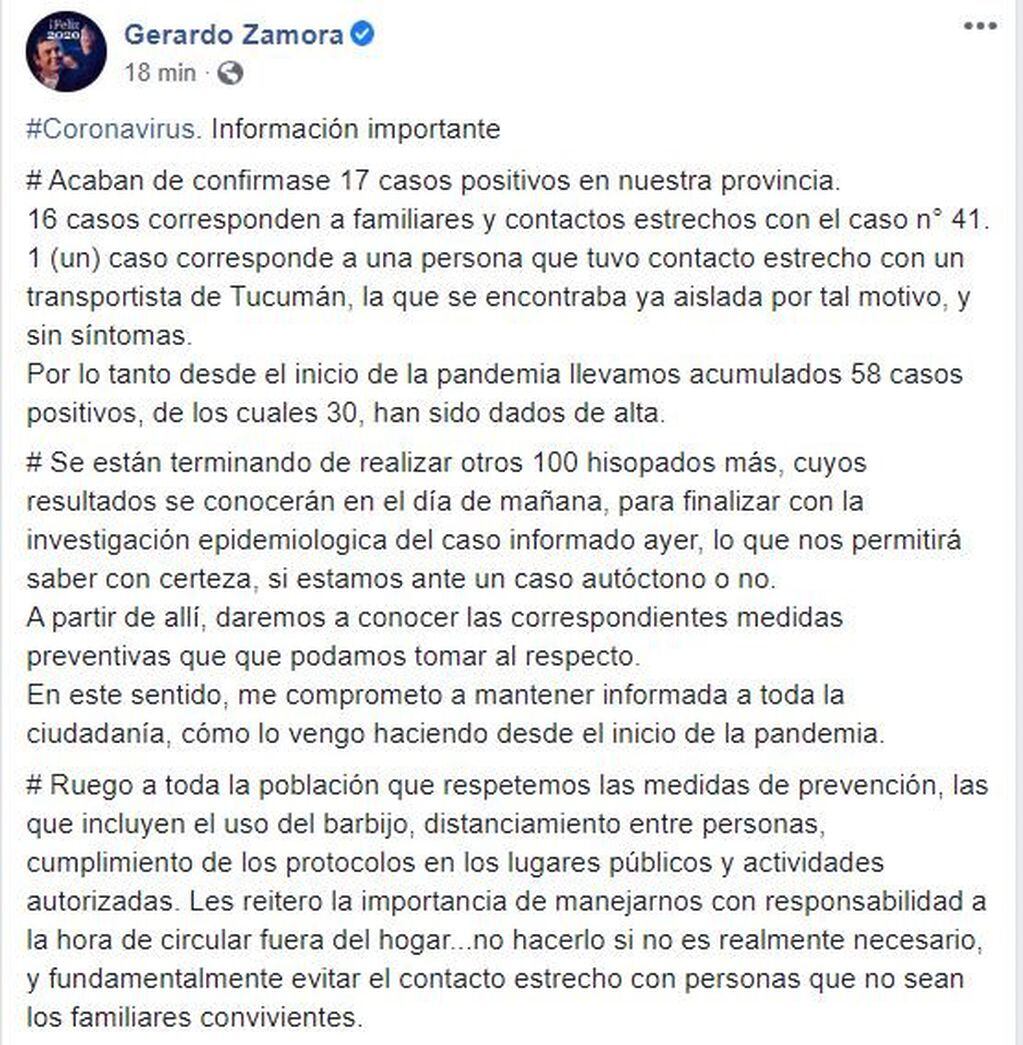 Cuenta oficial de Facebook del gobernador Gerardo Zamora.