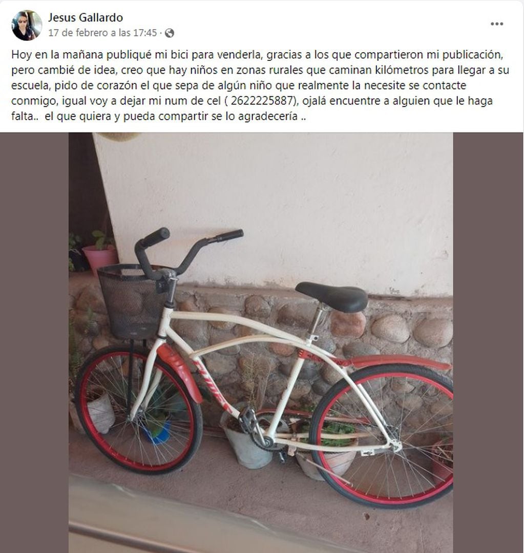 La publicación en la que ofrecía vender su bicicleta por Facebook.