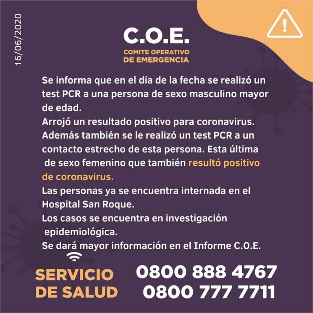 El informe del COE Jujuy que da cuenta de los dos nuevos casos positivos de Covid-19.