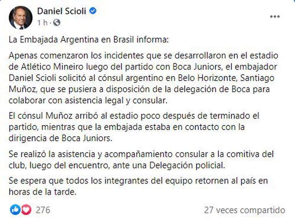 Comunicado de Daniel Scioli, embajador argentino en Brasil, sobre la asistencia prestada a la delegación de Boca tras los incidentes en el estadio Mineirao.