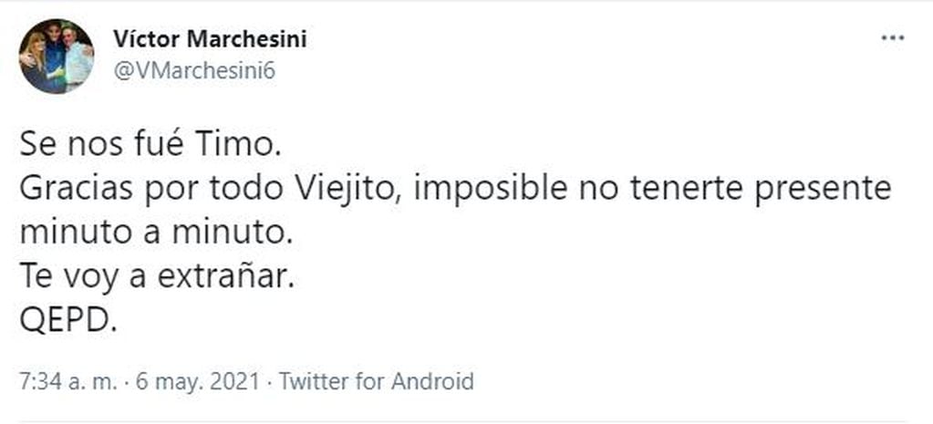 Víctor Marchesini confirmó la muerte de Carlos Timoteo Griguol por COVID-19. Twitter/VMarchesini6