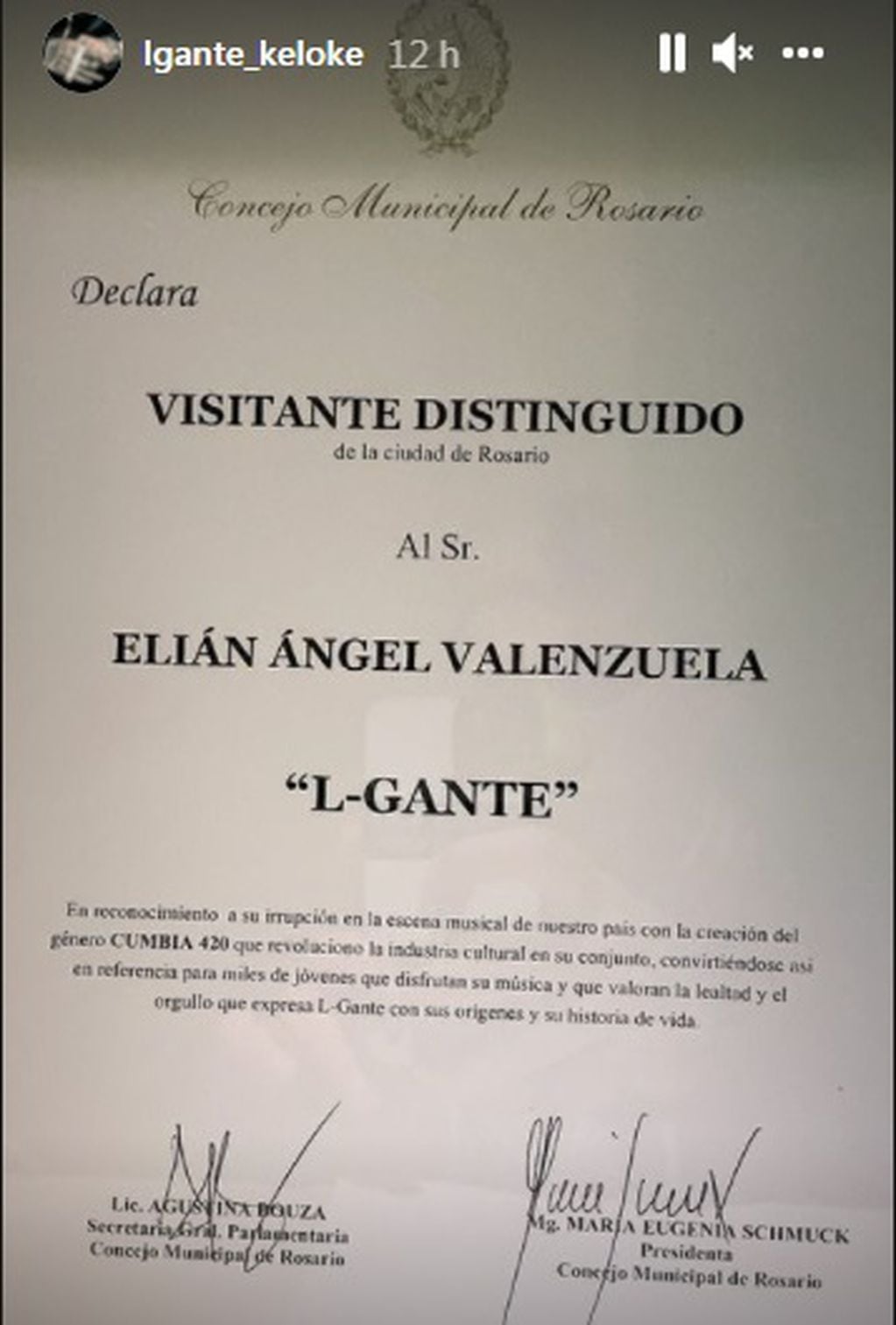 Distinción del Concejo Municipal de Rosario a L-Gante
