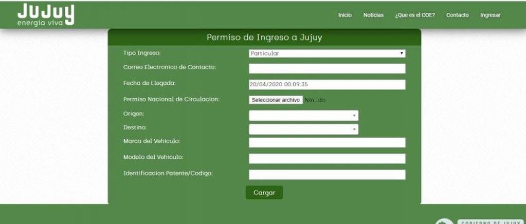 El formulario que se despliega en la página web del COE, para tramitar el permiso de ingreso a la provincia de Jujuy.
