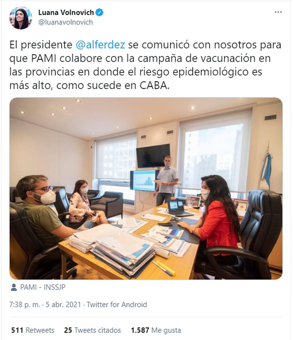 Luana Volnovich anunció que el presidente Alberto Fernández habló con ella por la vacunación en PAMI. (Twitter)