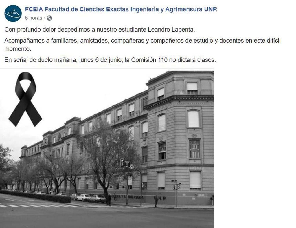 Desde la facultad de Pellegrini y Ayacucho publicaron una foto con el crespón negro en señal de duelo.