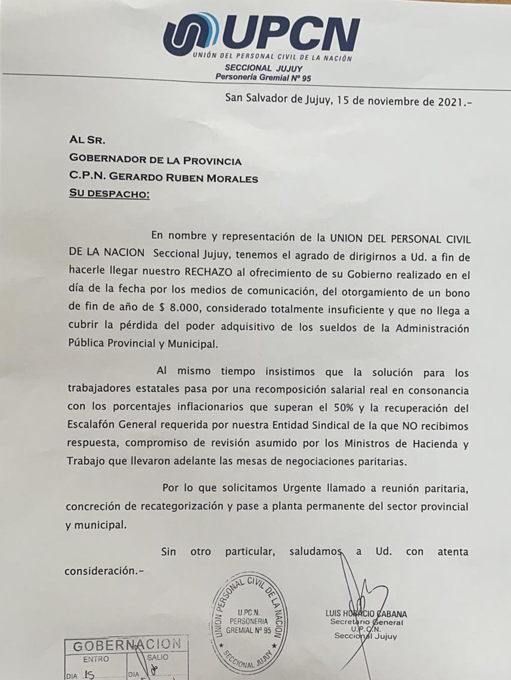 La nota cursada al Gobernador en la que UPCN Jujuy rechaza el bono de fin de año porque "no llega a cubrir la pérdida del poder adquisitivo de los sueldos de la administración pública provincial y municipal".