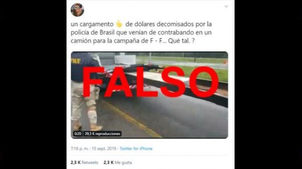 Es falso que en Brasil decomisaron un camión con dólares para la campaña de Fernández-Fernández. (Reverso)
