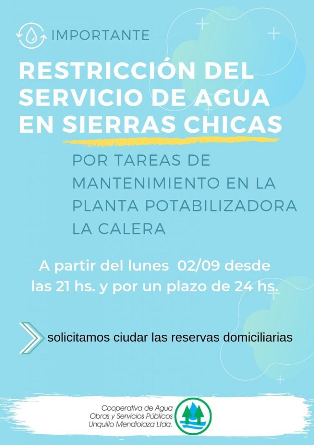 Corte de Agua por 24 hs en Sierras Chicas (Foto: Prensa Unquillo)