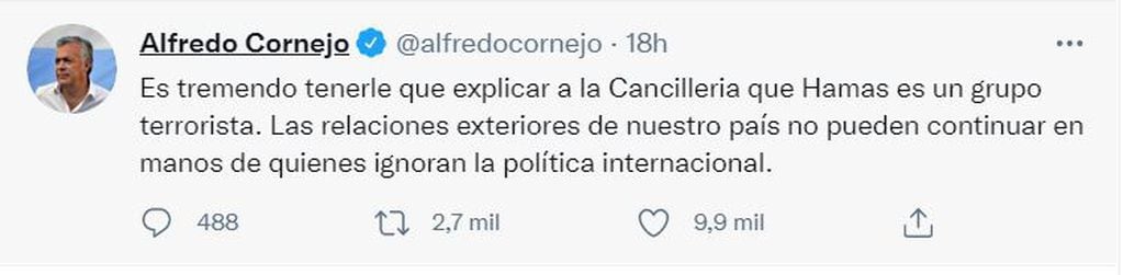 El tuit de Alfredo Cornejo