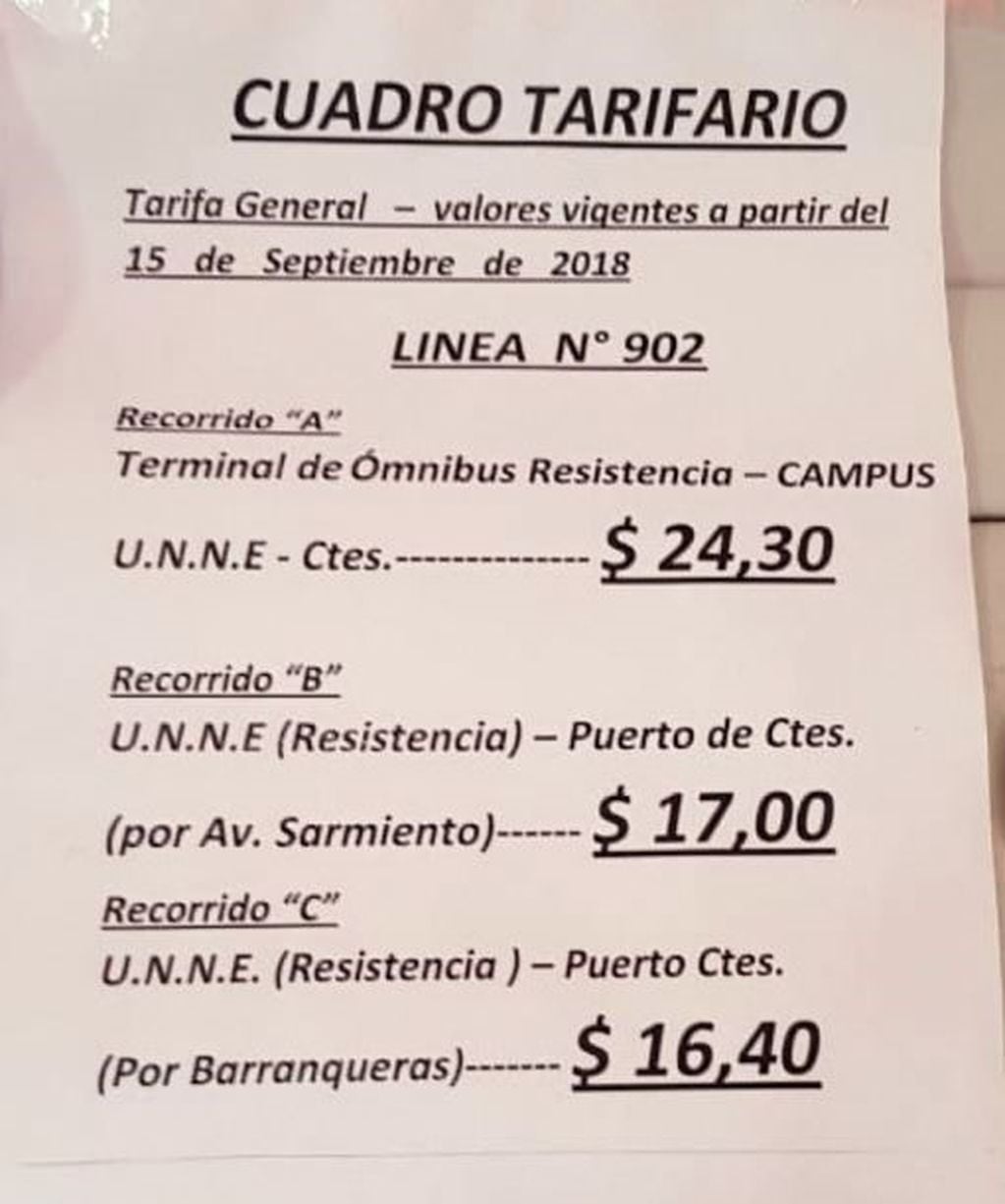 Las nuevas tarifas del transporte Chaco-Corrientes. (Foto: Corrientes Hoy)
