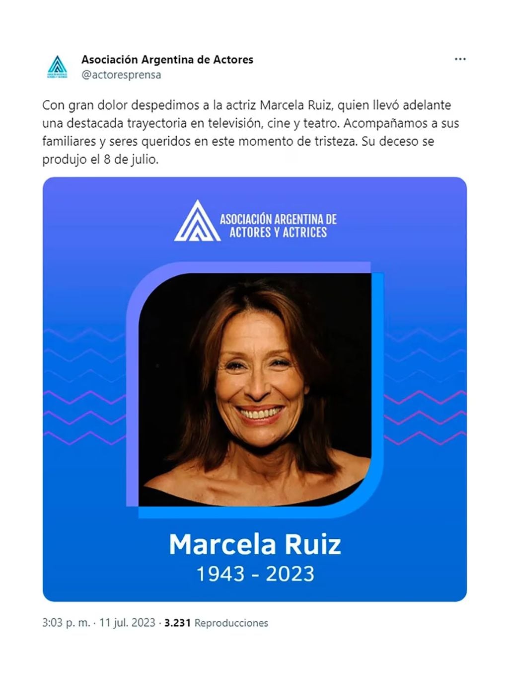 La publicación de la Asociación argentina de actores y actrices comunicando el fallecimiento de Marcela Ruiz. (Foto: captura de pantalla)