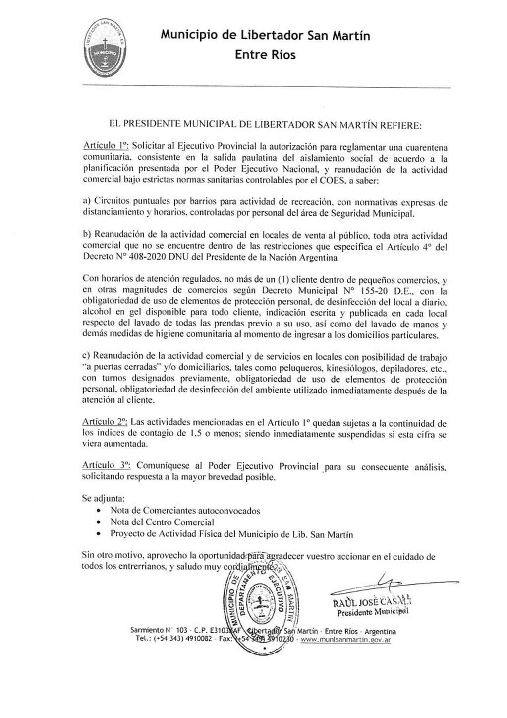 Nota del Intendente de Libertador San Martín enviada al Gobernador Bordet.